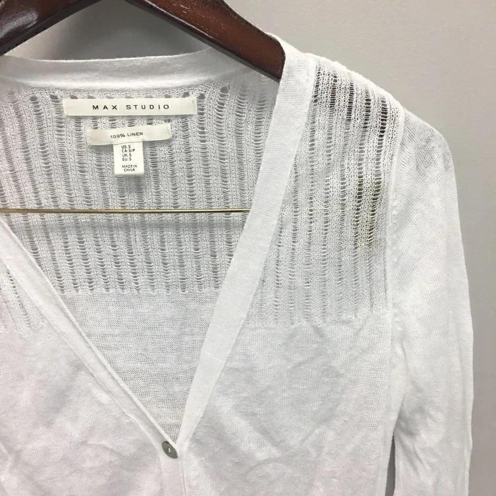 Max Studio | White Linen Button Front Cardigan | L - Picture 3 of 6
